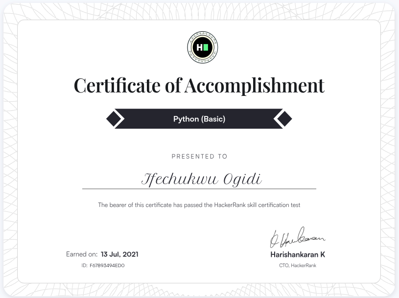 Python (Basic) Programming certificate
