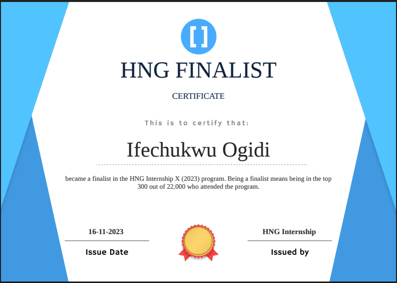 HNG Finalist certificate